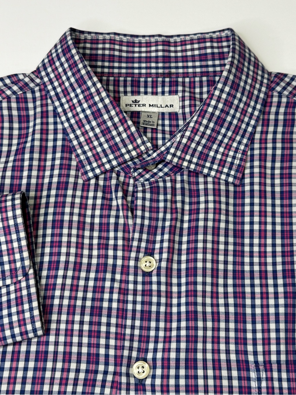Peter Millar Men's XL Long Sleeve Button Down Navy Blue Pink Plaid